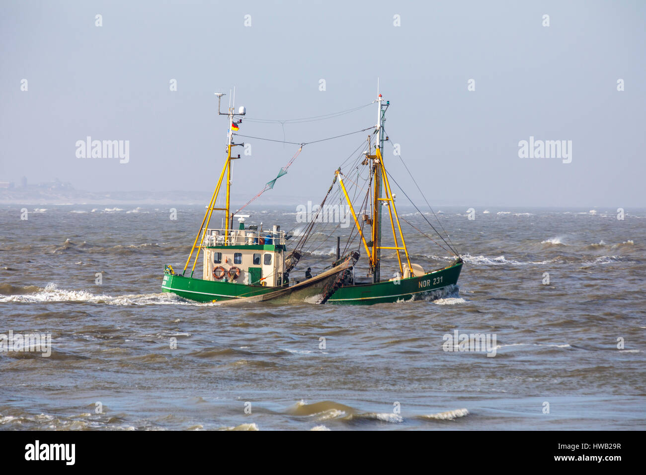 Crab cutter, fishing in the German North Sea, offshore the German East Frisian island Norderney, Stock Photo