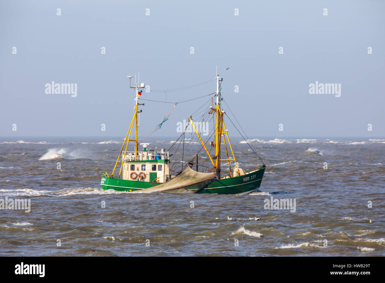 Crab cutter, fishing in the German North Sea, offshore the German East Frisian island Norderney, Stock Photo