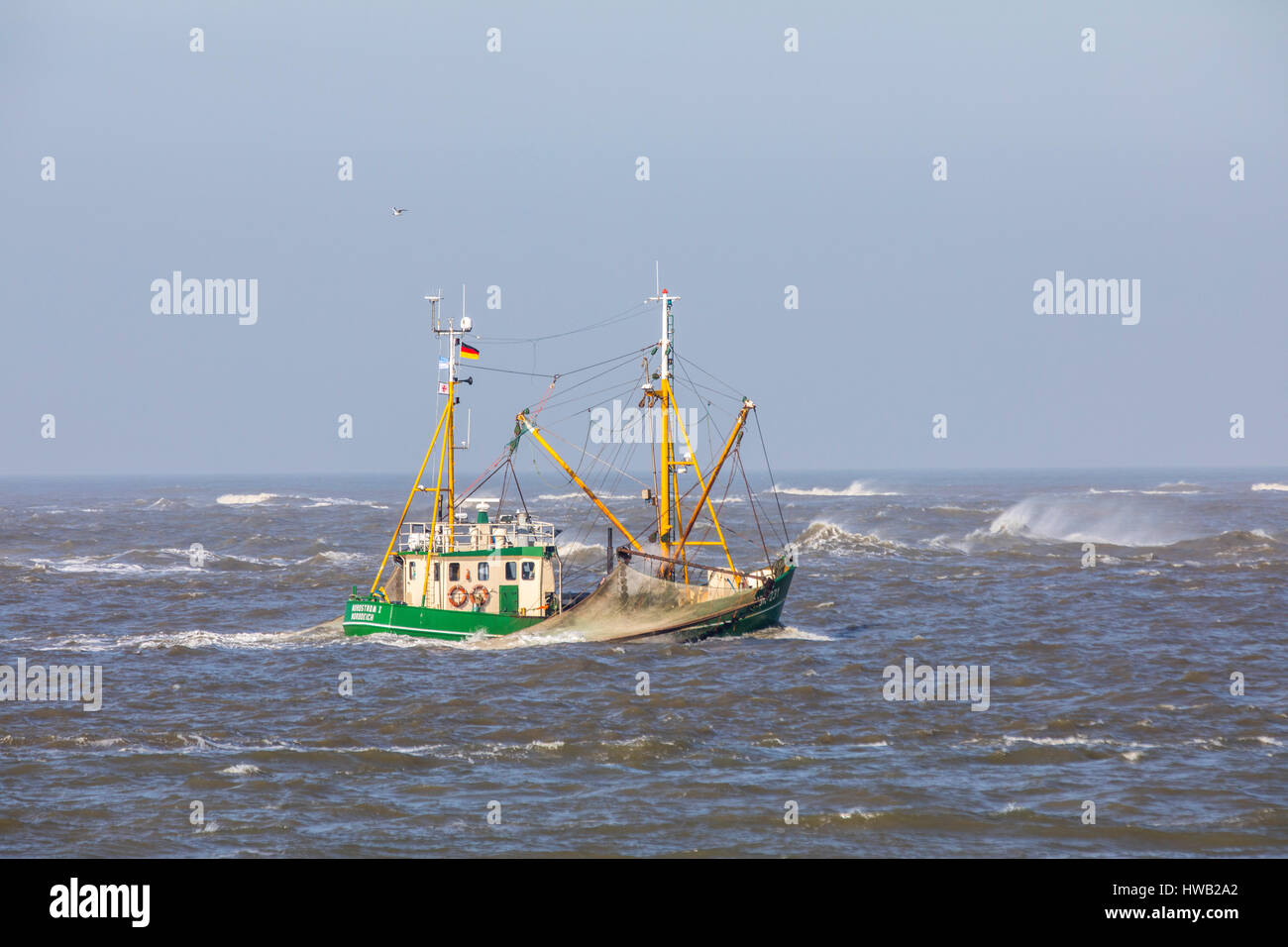 Crab cutter, fishing in the German North Sea, offshore the German East Frisian island Norderney, Stock Photo