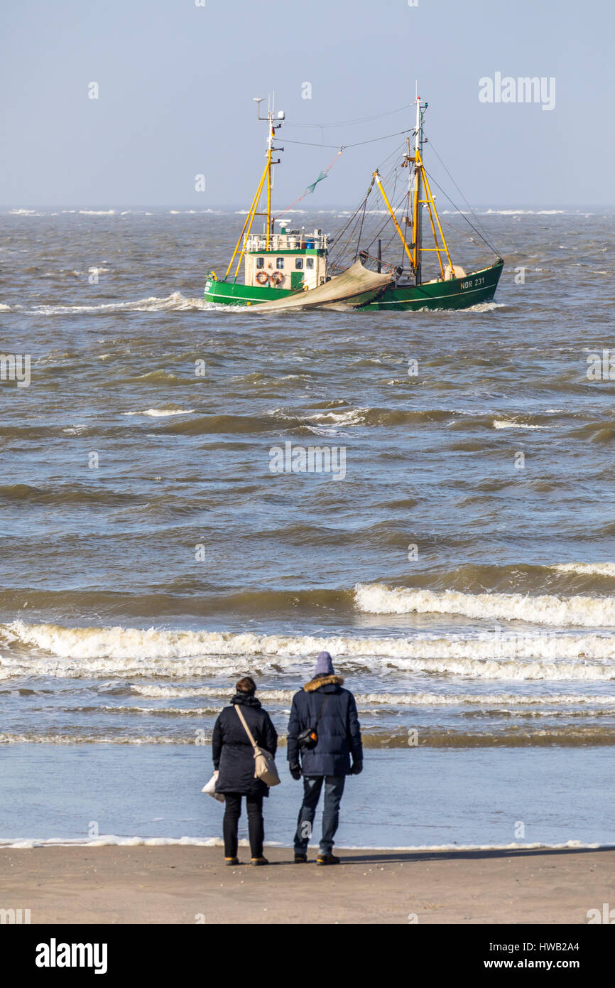 Crab cutter, fishing in the German North Sea, offshore the German East Frisian island Norderney, Stock Photo