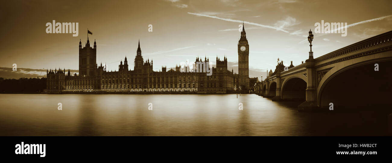Big Ben and House of Parliament in London at dusk panorama. Stock Photo