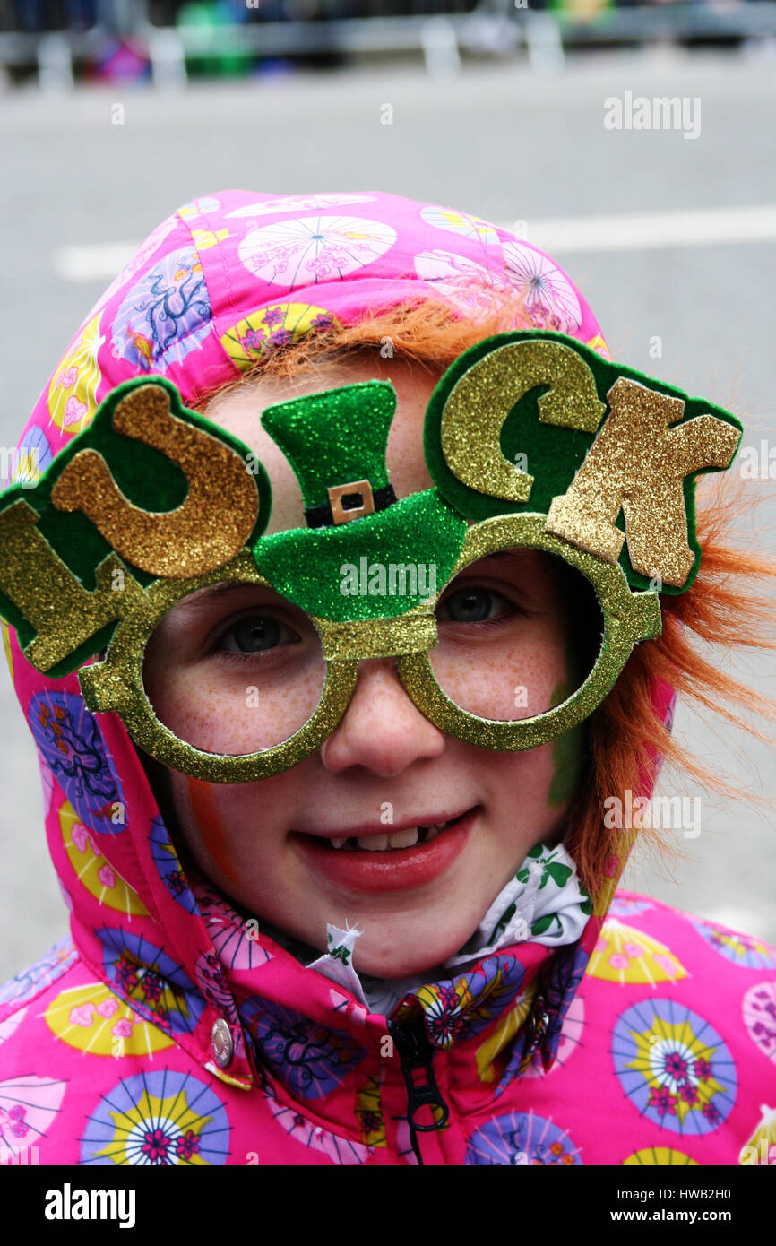 St Patricks Day Parade, Dublin, Ireland child wearing funny Ireland Glasses, dressup, Luck, Shamrock, Luck of the Irish,  Concept Stock Photo