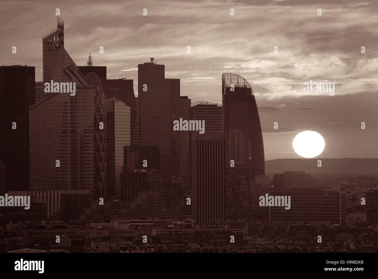 Paris rooftop view of the city skyline with la Defense business