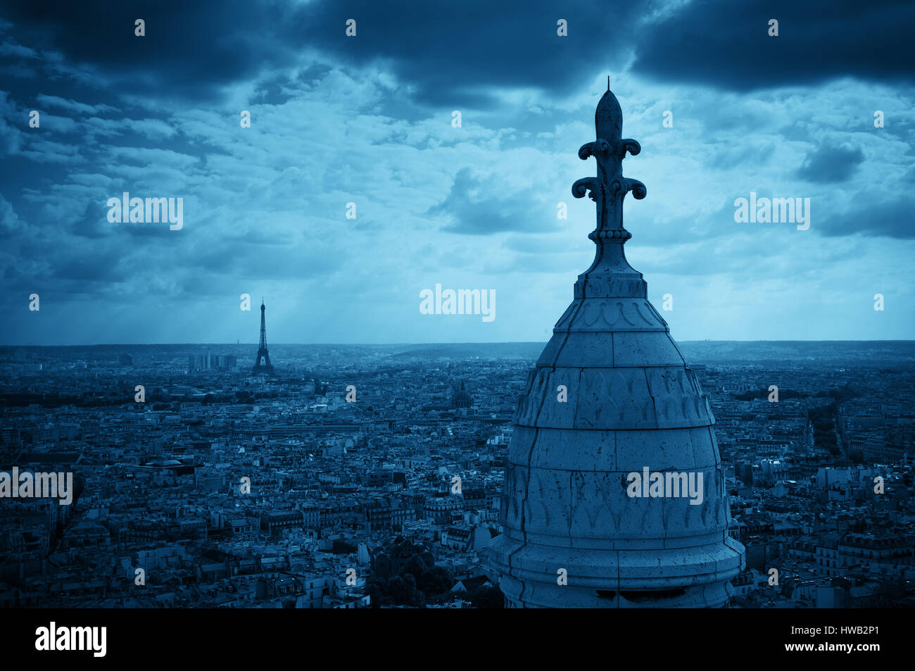 View from top of Sacre Coeur Cathedral with Eiffel Tower in Paris, France. Stock Photo