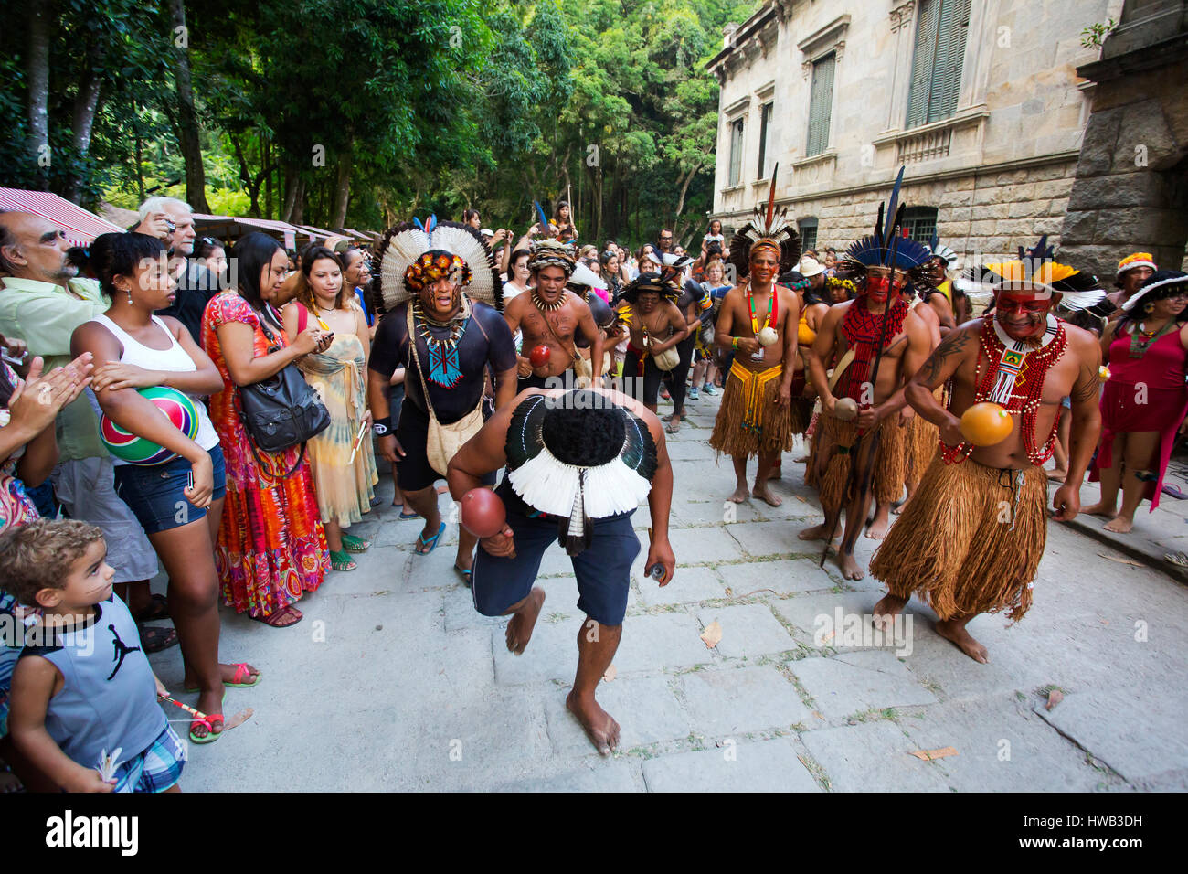 In the Indian day indians doing presentation dance to the public at Parque Lage, Rio de Janeiro, Brazil Stock Photo