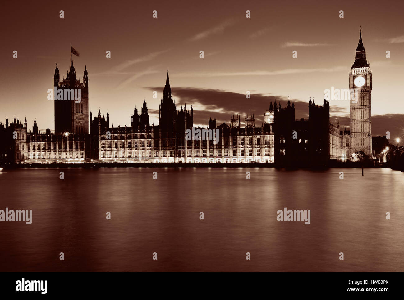 Big Ben and House of Parliament in London at dusk panorama. Stock Photo