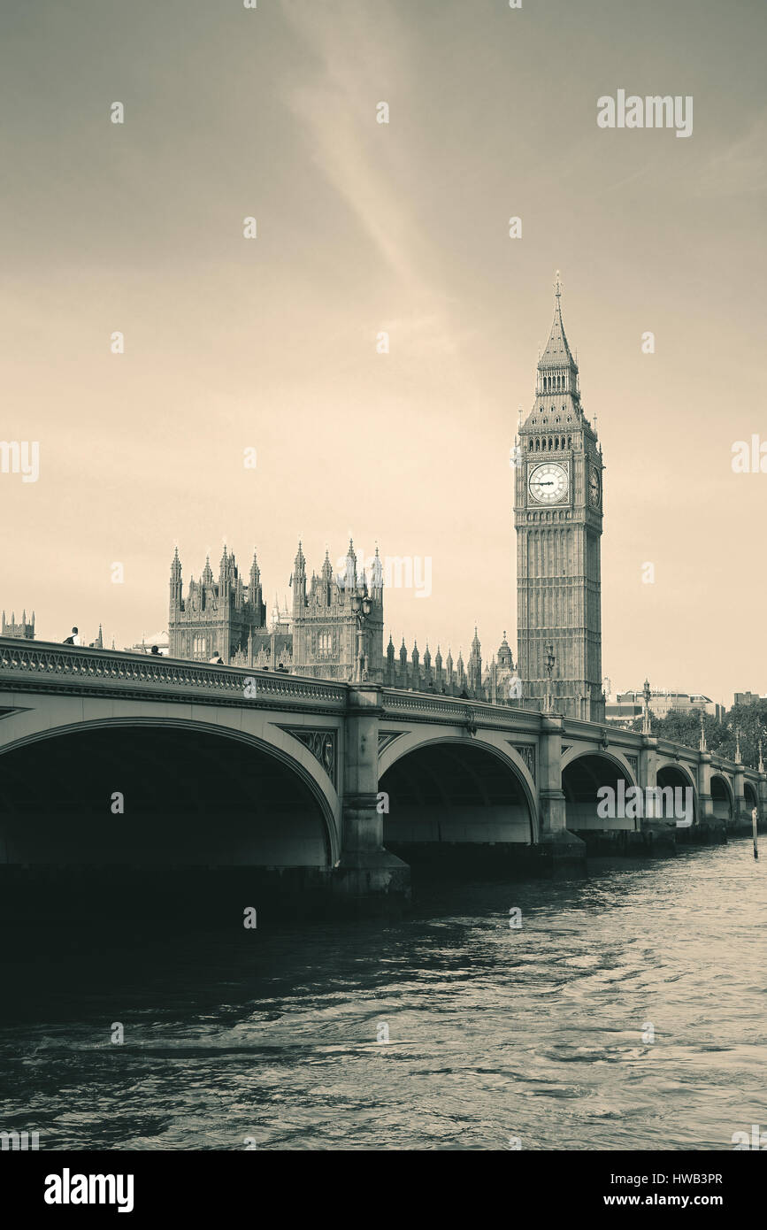 Big Ben and House of Parliament in London panorama over Thames River. Stock Photo