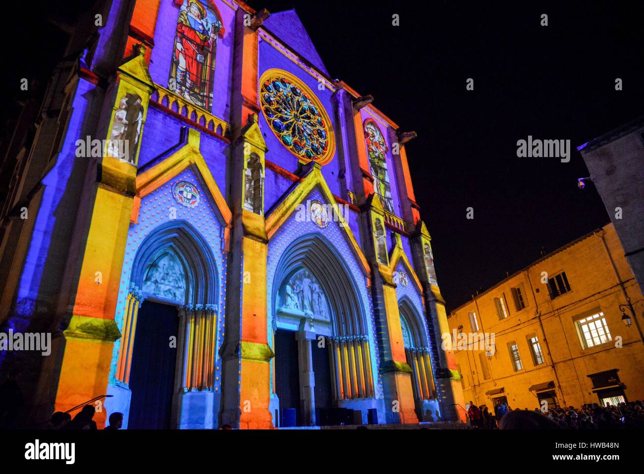France, Herault, Montpellier, projection of a visual spectacle during