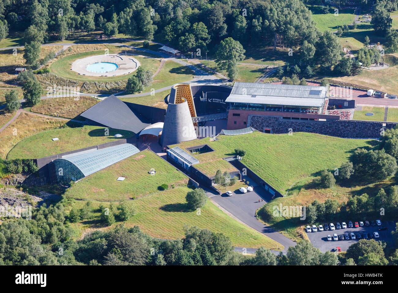 France, Puy de Dome, Saint Ours, Vulcania, volvanoes recreational park (aerial view) Stock Photo