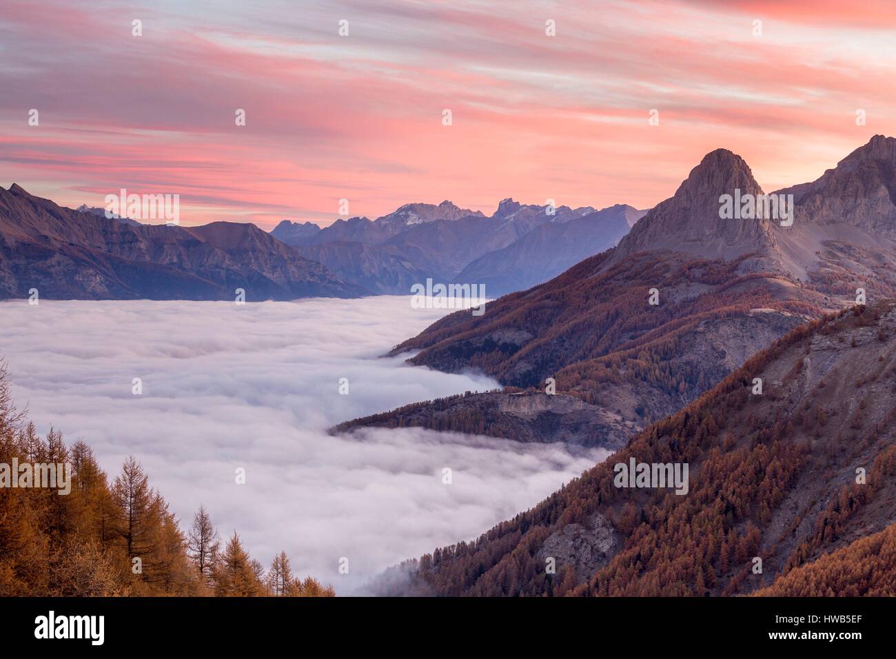 France, Alpes de Haute-Provence, national park of Mercantour, fog morning over the valley of Barcelonnette, to the right the summit of the Pain de Sucre (2560m) Stock Photo