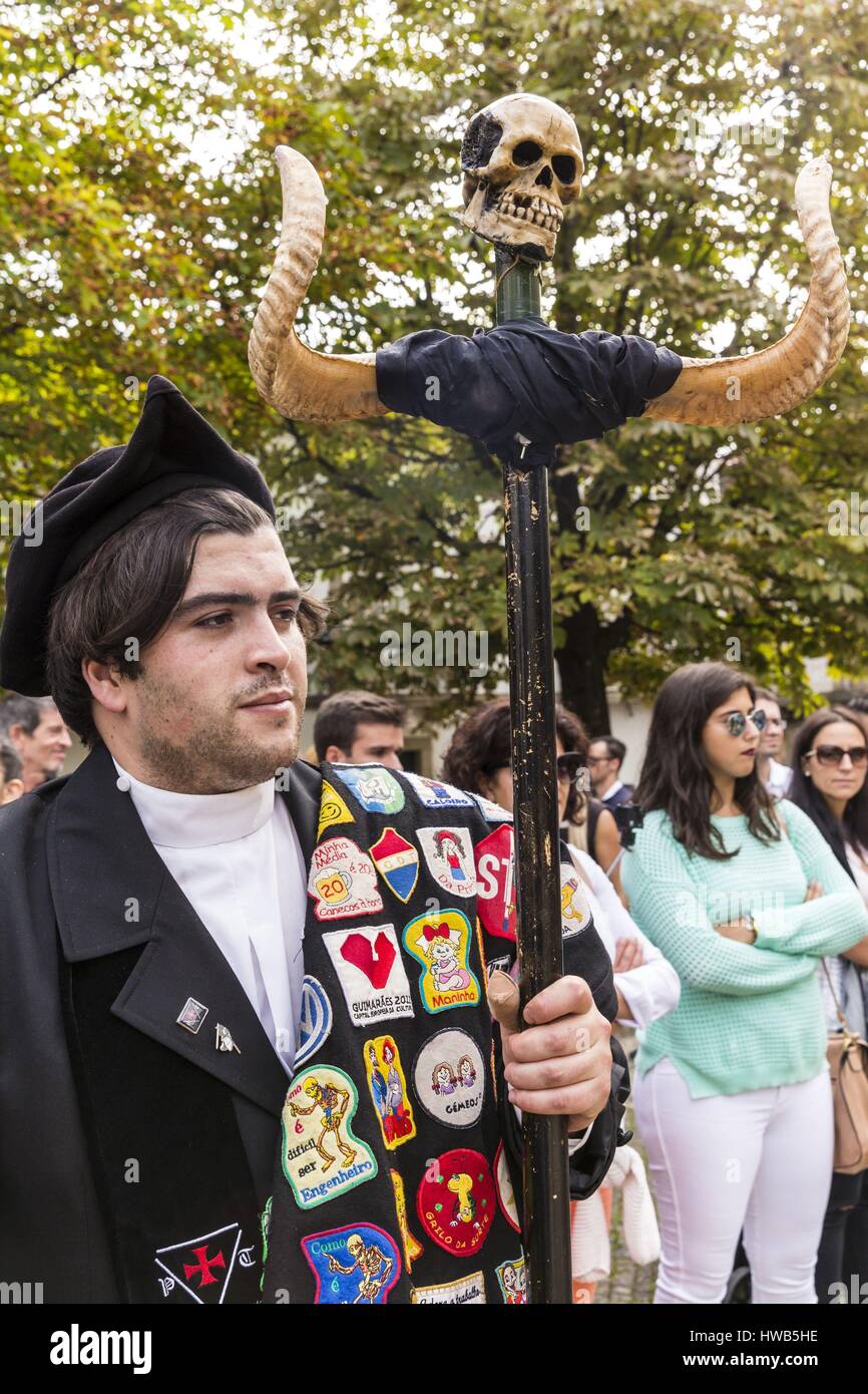 Portugal, North region, Guimaraes, historical center listed as World Heritage by UNESCO, party of Latada (festa da latada) of university of Minho, student dressed with the traje academico, tricornio and with its capa Stock Photo