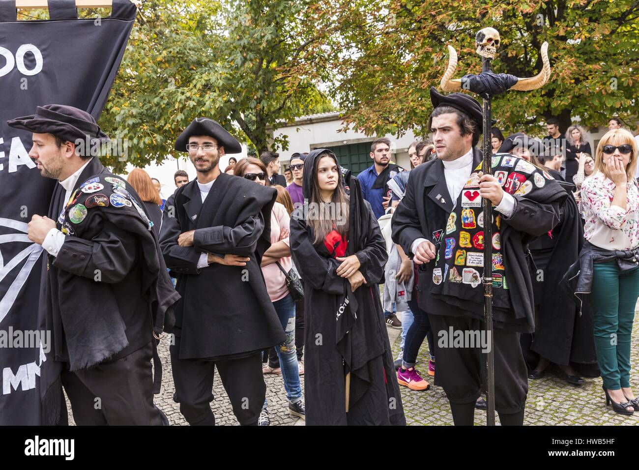 Portugal, North region, Guimaraes, historical center listed as World Heritage by UNESCO, party of Latada (festa da latada) of university of Minho, students dressed with the traje academico, tricornio and with their capa Stock Photo