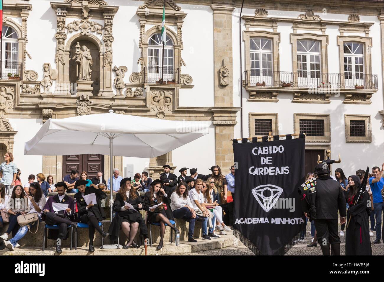 Portugal, North region, Guimaraes, historical center listed as World Heritage by UNESCO, the Town Hall, on Jose Maria Gomes square, housed in the former Santa Clara Convent, party of Latada (festa da latada) of university of Minho, the jury, students dressed with the traje academico, tricornio and with their capa Stock Photo