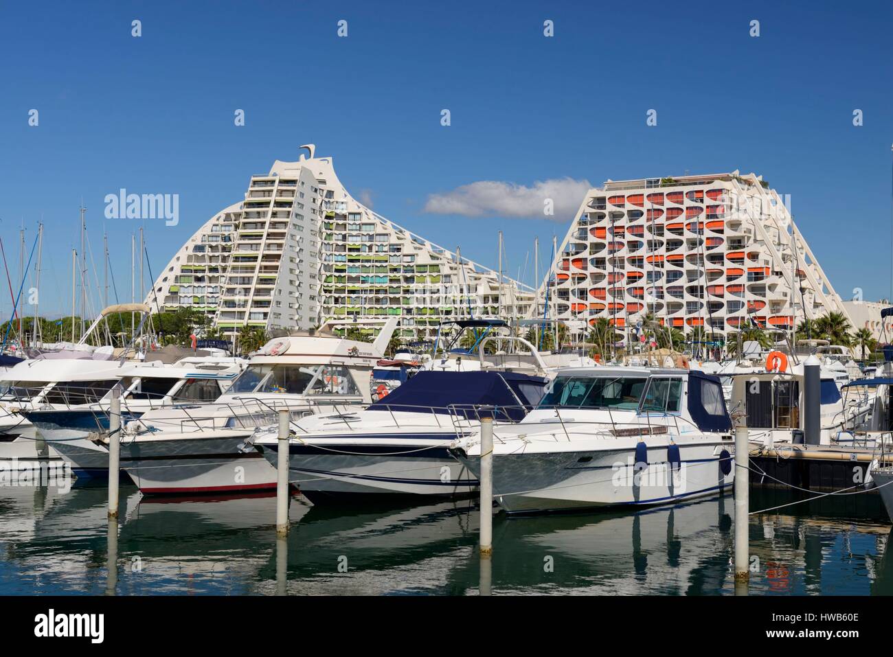 France, Herault, La Grande Motte, Building the Great Pyramid built in 1974 and residence Eden seen from the Marina Port Stock Photo