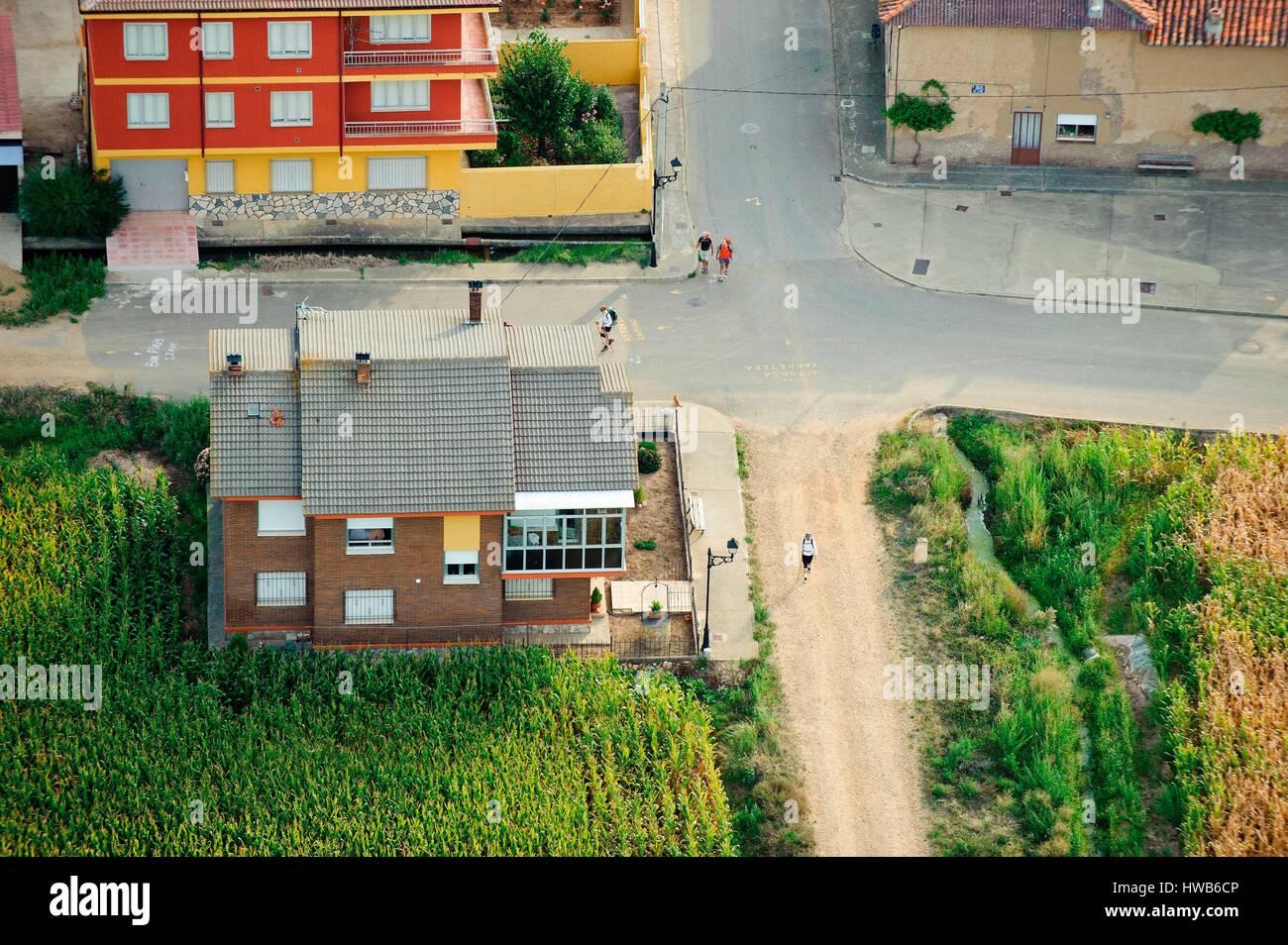 Spain, Castile Leon, Le Camino francés at the exit of Hospital de Orbigo, in Leon (aerial view) Stock Photo