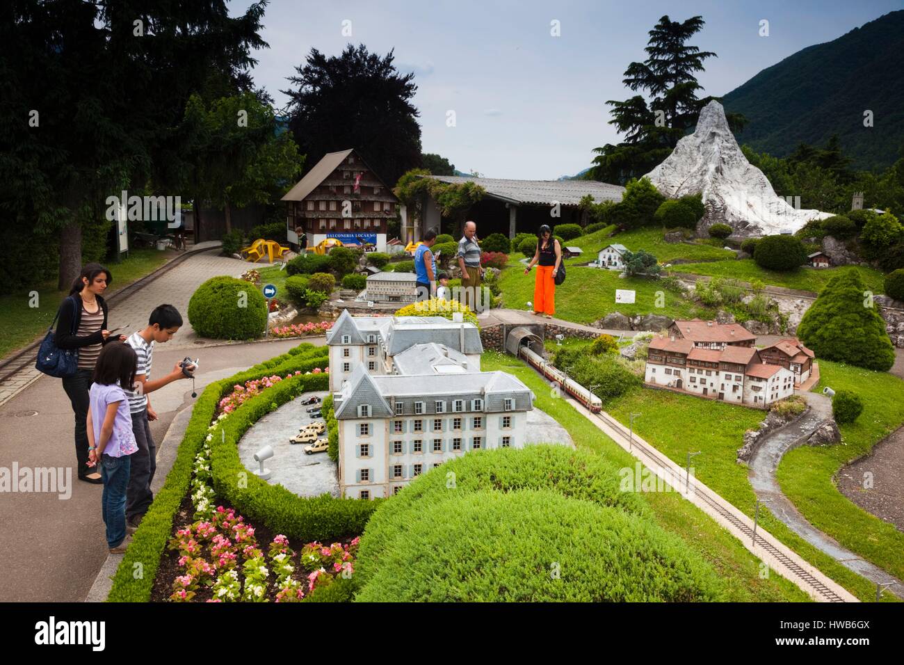 Switzerland, Ticino, Lake Lugano, Melide, Swissminiatur, Miniature Switzerland model theme park, and minature Matterhorn Stock Photo
