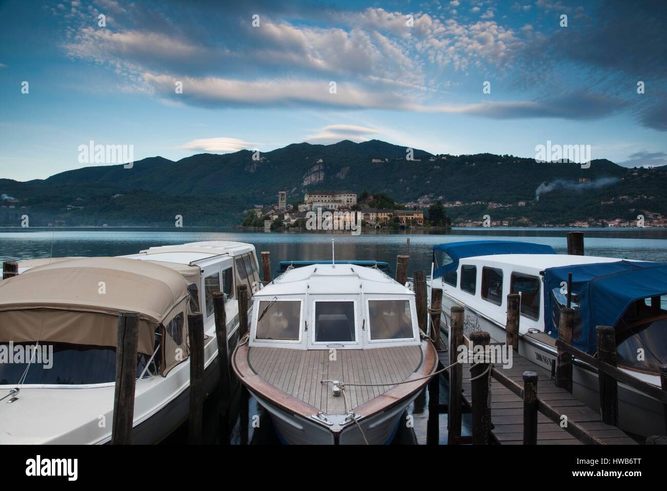 Italy, Piedmont, Lake Orta, Orta San Giulio, Isola San Giulio island, water taxis Stock Photo
