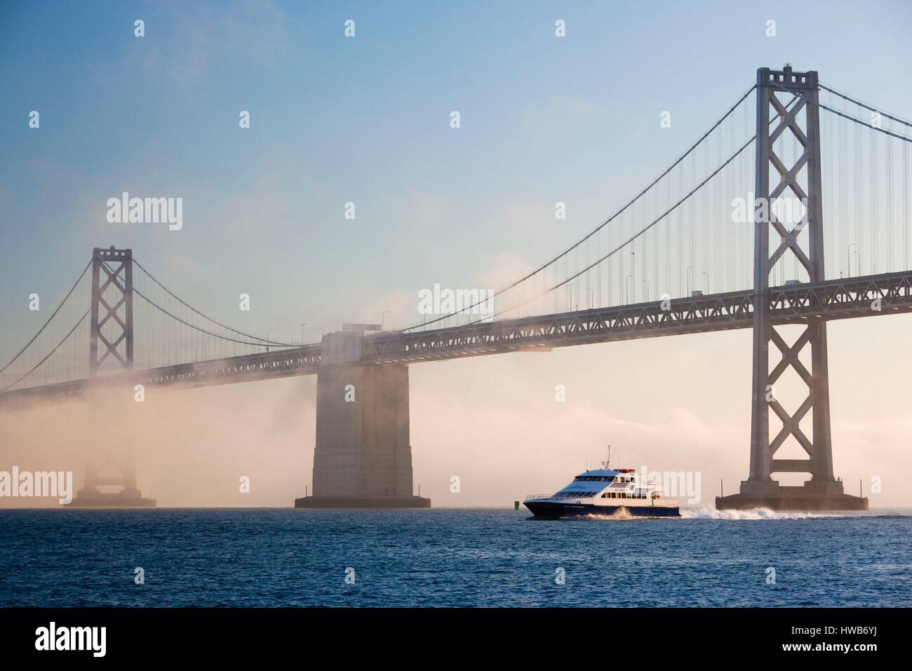 United States, California, San Francisco, Embarcadero, Bay Bridge in fog Stock Photo