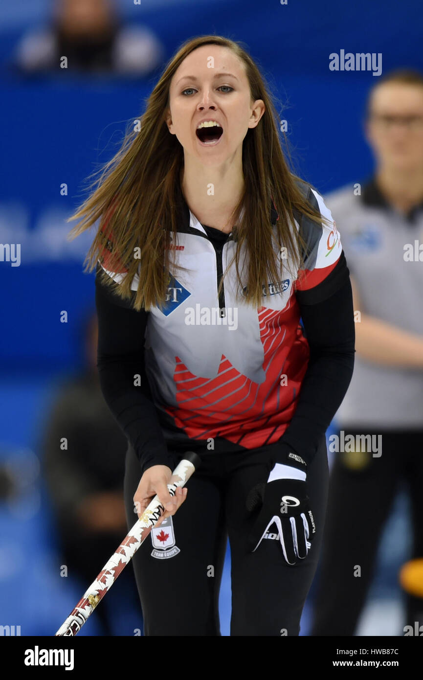 Beijing, China. 19th Mar, 2017. Rachel Homan of Canada competes during the World Women's Curling Championship match against Russia, in Beijing, capital of China, March 19, 2017. Canada won 10-9. Credit: Ju Huanzong/Xinhua/Alamy Live News Stock Photo
