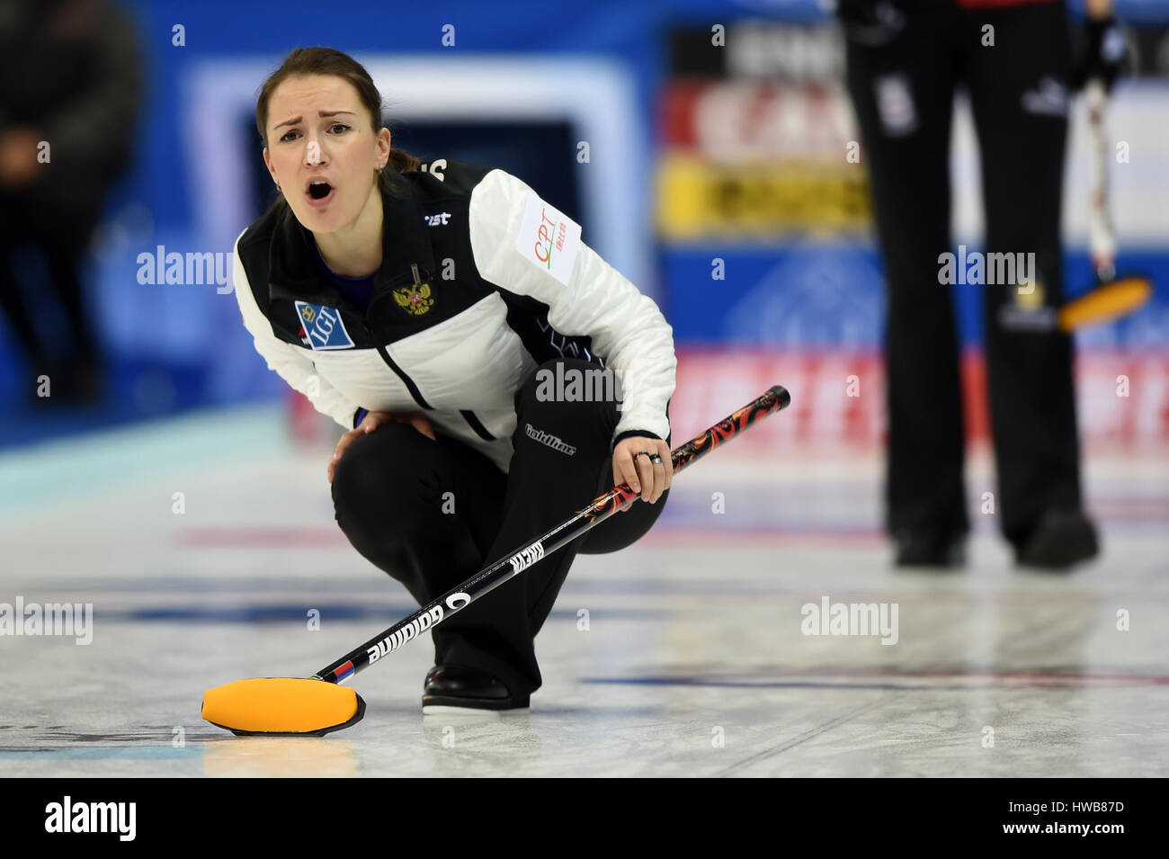 Beijing, China. 19th Mar, 2017. Anna Sidorova of Russia competes during the World Women's Curling Championship match against Canada, in Beijing, capital of China, March 19, 2017. Canada won 10-9. Credit: Ju Huanzong/Xinhua/Alamy Live News Stock Photo