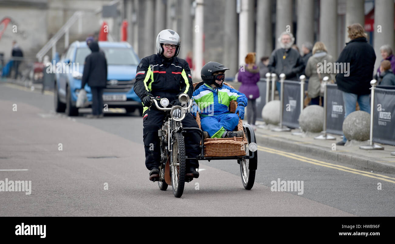 Brighton Sussex UK 19th March 2017 - Over 300 veteran motorcycles take part in the 78th Sunbeam Motor Cycle Club Pioneer Run from Epsom Downs to Brighton seafront today  Credit: Simon Dack/Alamy Live News Stock Photo