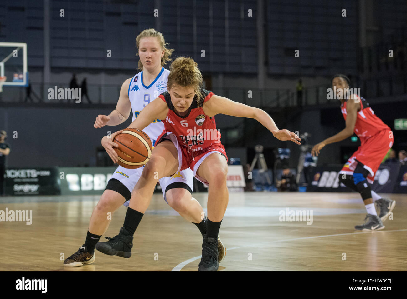 Glagow, UK, 19 March 2017.  The WBBL Cup Final between Leicester Riders vs Sevenoaks Sun held in the Emirate, Leicester Riders Holly Winterburn (6) of grabs the ball during the game. ©pmgimaging/Alamy Live News Stock Photo