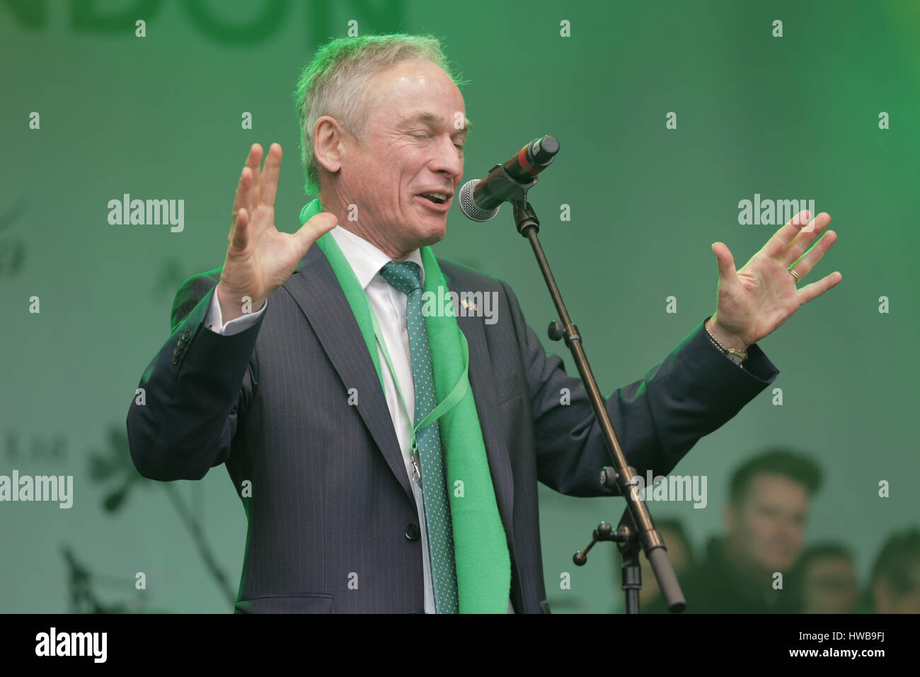 Trafalgar Square, London, UK, 19th March 2017, Richard Bruton addresses crowd at the London St Patrick festival, Richard Bruton, Celebrations of the St Patrick in London's Trafalgar Squarel Credit: Richard Soans/Alamy Live News Stock Photo