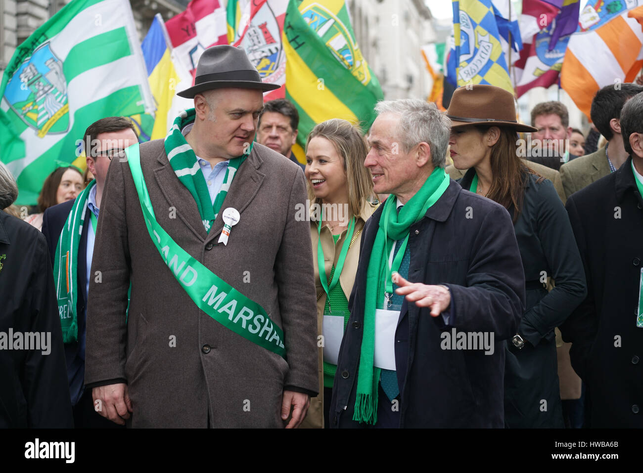 London, UK. 19th March, 2017. Dara O’Briain and Richard Bruton TD, Minister for Education and Skills  join the parade the London’s St Patrick’s in London on 19th March 2017. Credit: See Li/Alamy Live News Stock Photo