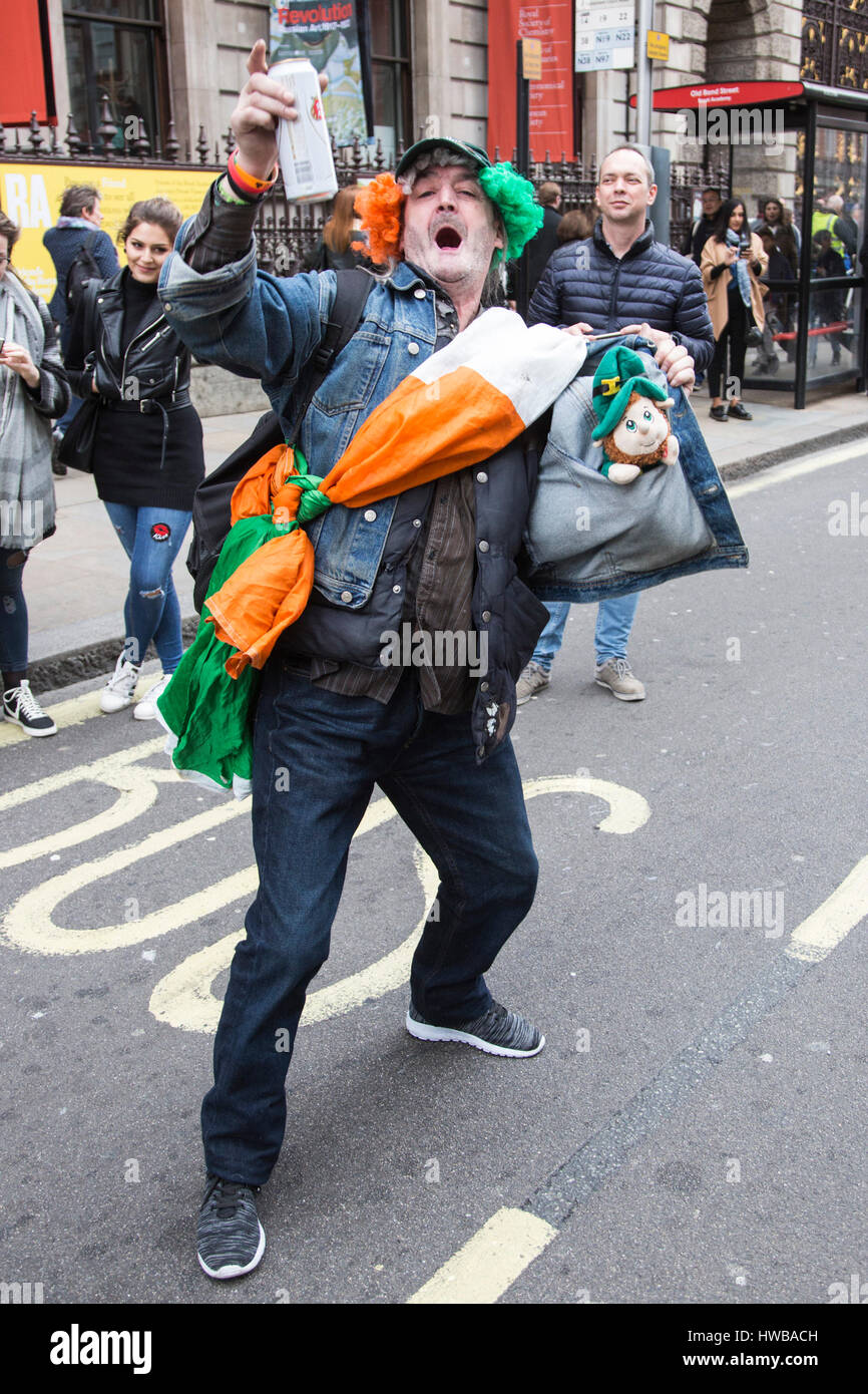 London, UK. 19 March 2017. A drunken Irishman in Piccadilly. London