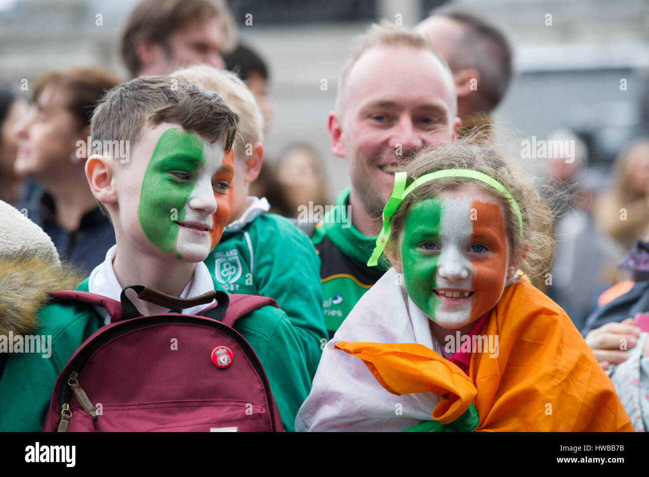 London, England, UK.  19th March 2017. The annual St Patrick's day parade through Central London and through Trafalgar Square, is the end of an official three-day celebration. The parade included various floats and acts along the way. Andrew Steven Graham/Alamy Live News Stock Photo