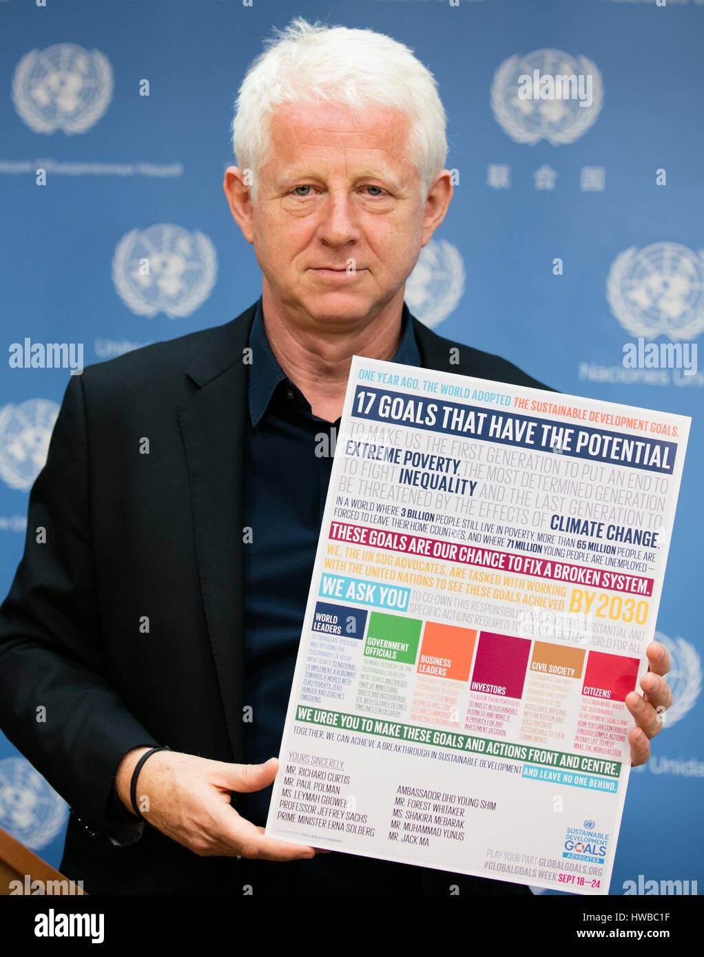 United Nations, New York, USA, September 16 2016 - Richard Curtis, filmmaker and founder of Project Everyone, briefs journalists on the Sustainable Development Goals (SDGs) today at the UN Headquarters in New York. Photo: Luiz Rampelotto/EuropaNewswire | usage worldwide Stock Photo