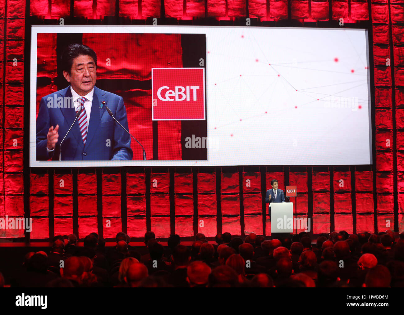 Hanover, Germany. 19th Mar, 2017. Prime Minister of Japan Shinzo Abe speaking at the opening of the CeBIT trade fair in Hanover, Germany, 19 March 2017. Japan is the partner country of the 2017 CeBIT. Photo: Friso Gentsch/dpa/Alamy Live News Stock Photo