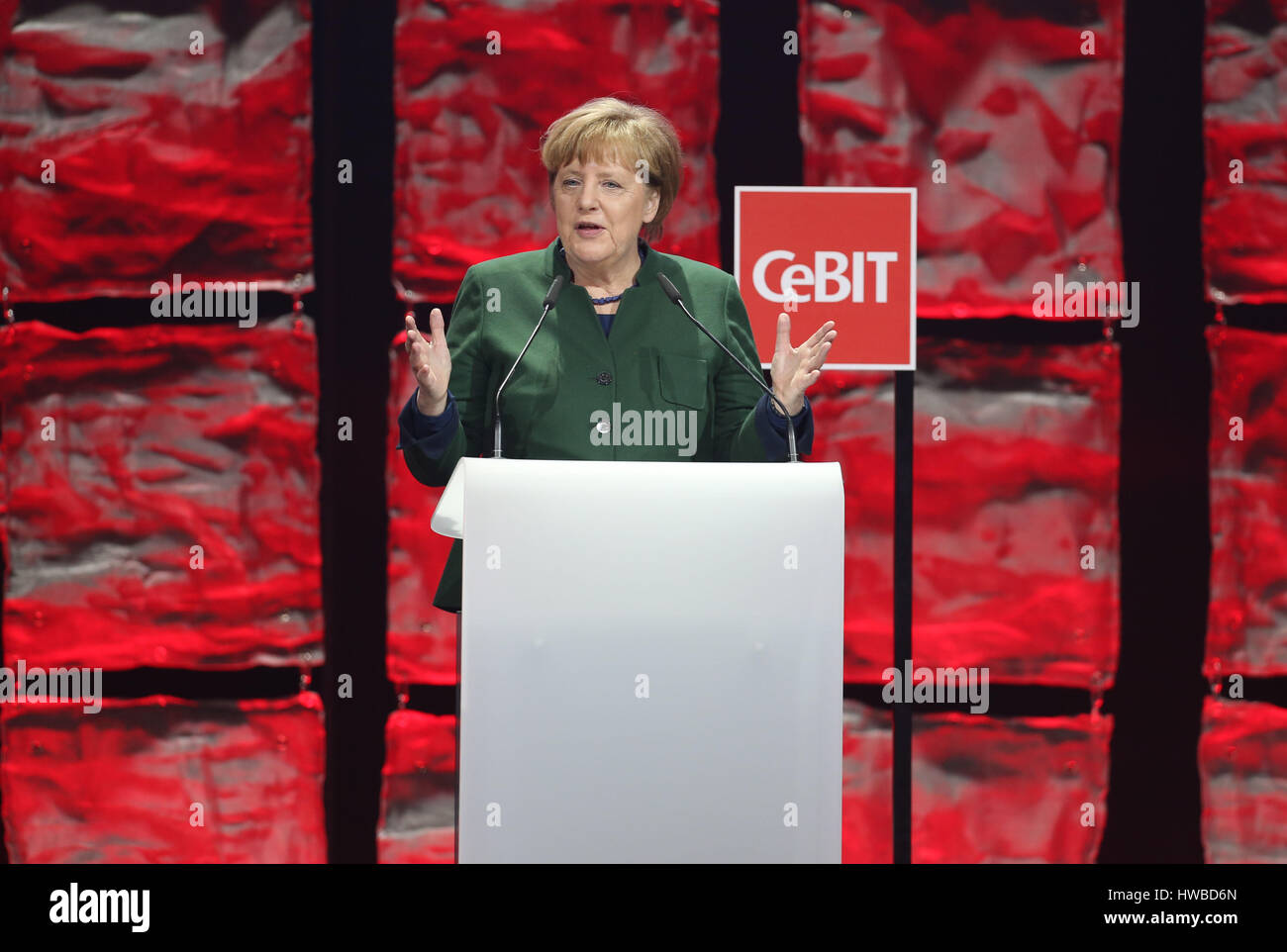 Hanover, Germany. 19th Mar, 2017. German Chancellor Angela Merkel (CDU) speaking at the opening of the CeBIT trade fair in Hanover, Germany, 19 March 2017. Japan is the partner country of the 2017 CeBIT. Photo: Friso Gentsch/dpa/Alamy Live News Stock Photo