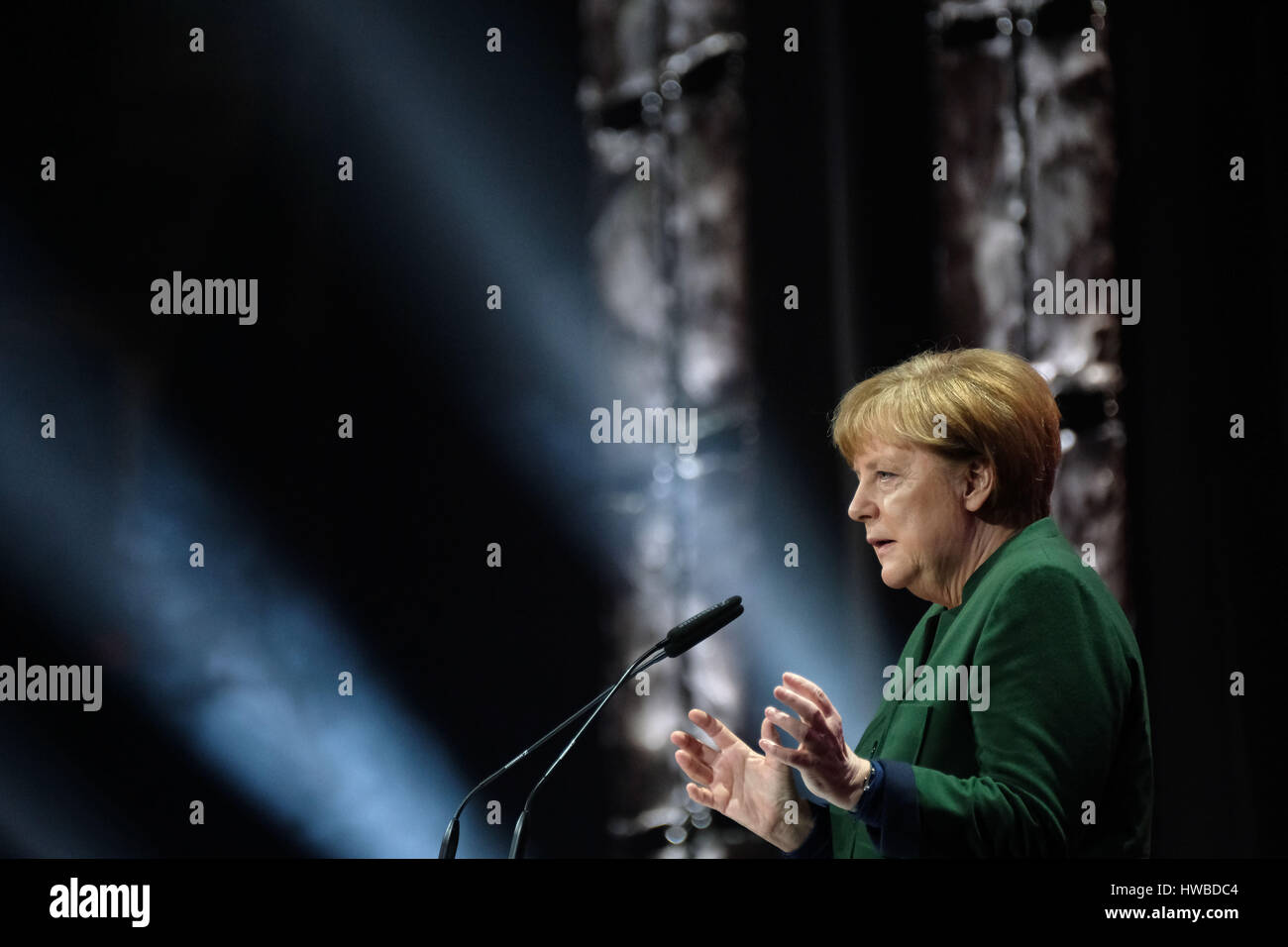 Hanover, Germany. 19th Mar, 2017. German Chancellor Angela Merkel (CDU) speaking at the opening of the CeBIT trade fair in Hanover, Germany, 19 March 2017. Japan is the partner country of the 2017 CeBIT Photo: Peter Steffen/dpa/Alamy Live News Stock Photo