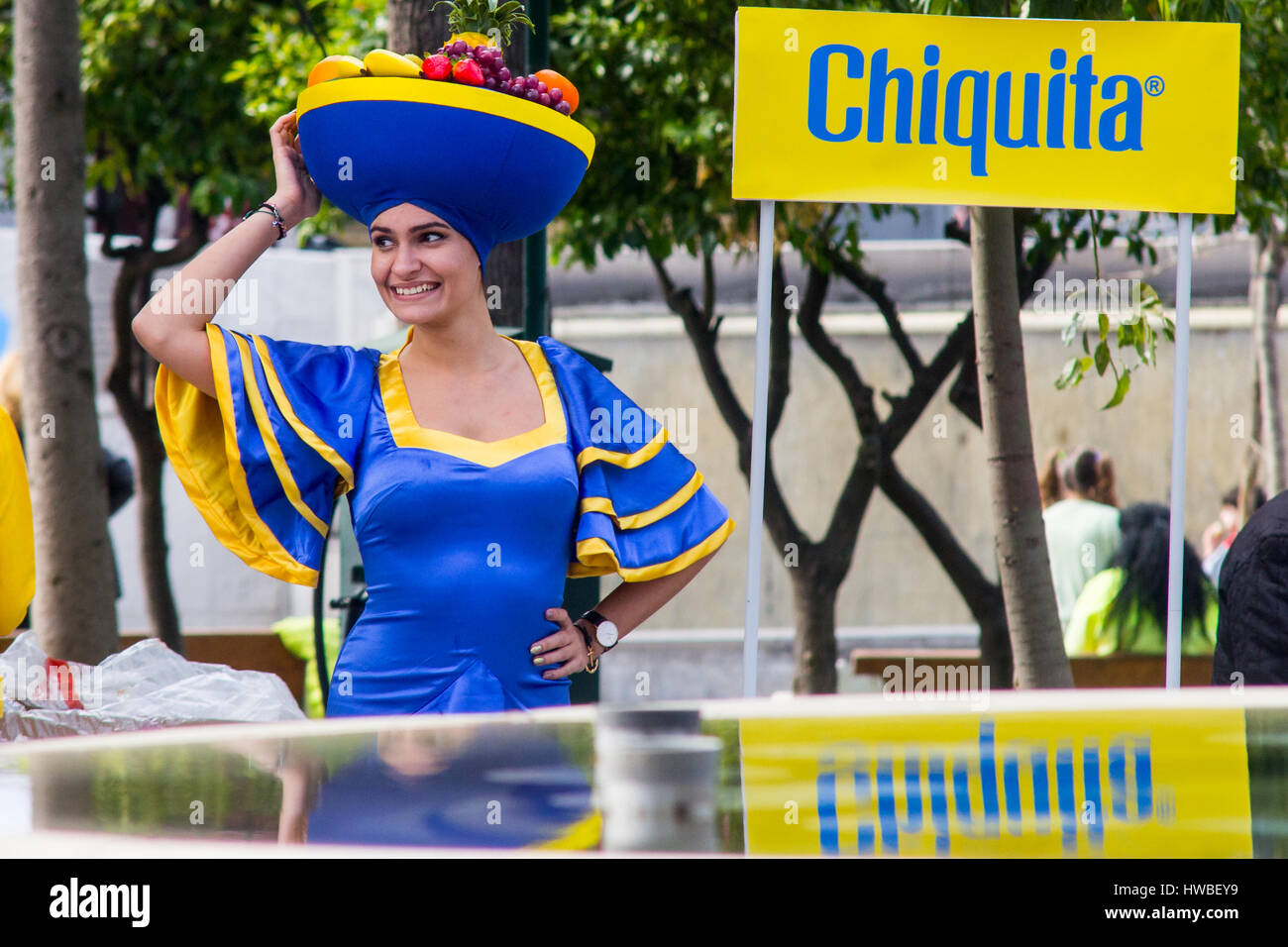 A girl promoting Chiquita bananas is seen in the sponsors village. The 6th Athens Half Marathon