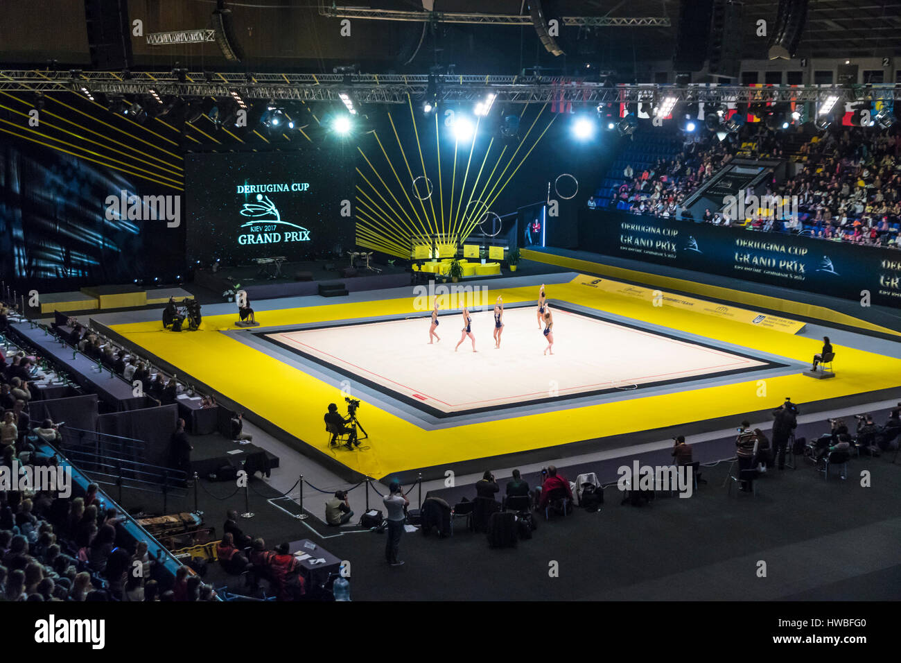 Kiev, Ukraine. 19th March, 2017. Team of Hungary performs with 5 Hoops during Group Competition of Rhythmic Gymnastics Grand Prix 'Deriugina Cup' in Palace of Sports in Kyiv, Ukraine. Credit: Oleksandr Prykhodko/Alamy Live News Stock Photo