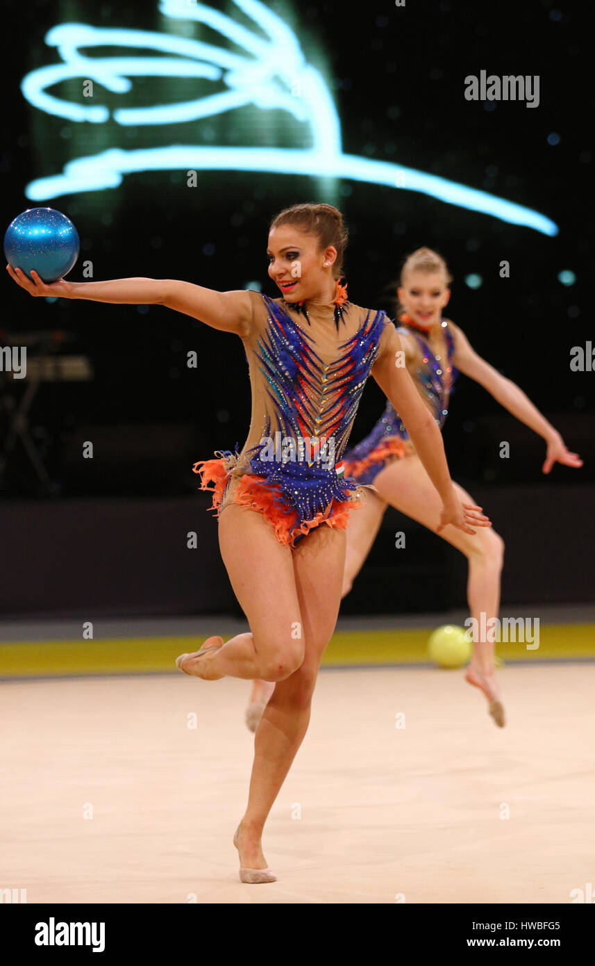 Kiev, Ukraine. 19th March, 2017. Team of Hungary performs with 3 Balls and 2 Ropes during Group Competition of Rhythmic Gymnastics Grand Prix 'Deriugina Cup' in Palace of Sports in Kyiv, Ukraine. Credit: Oleksandr Prykhodko/Alamy Live News Stock Photo