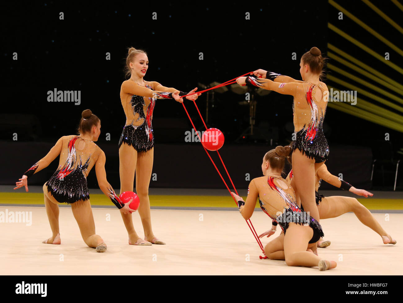 Kiev, Ukraine. 19th March, 2017. Team of Latvia performs with 3 Balls and 2 Ropes during Group Competition of Rhythmic Gymnastics Grand Prix 'Deriugina Cup' in Palace of Sports in Kyiv, Ukraine. Credit: Oleksandr Prykhodko/Alamy Live News Stock Photo