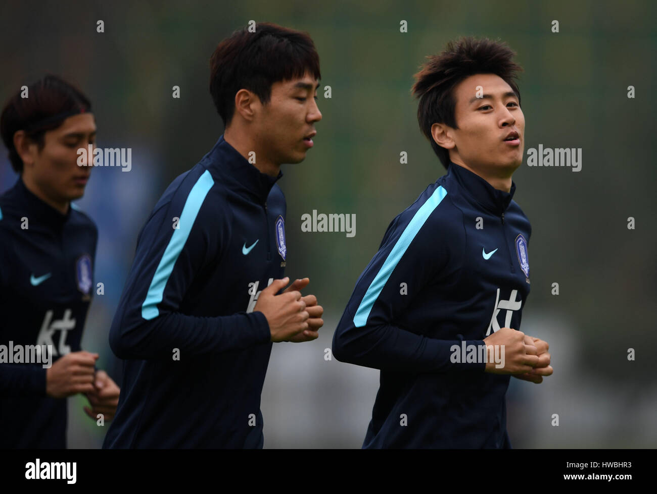 Changsha, China's Hunan Province. 20th Mar, 2017. Koo Ja Cheol(R) of South Korea takes part in the training session for the Russia 2018 World Cup qualifier against China in Changsha, capital of central China's Hunan Province, on March 20, 2017. The match will be held in Changsha next Thursday. Credit: Li Ga/Xinhua/Alamy Live News Stock Photo