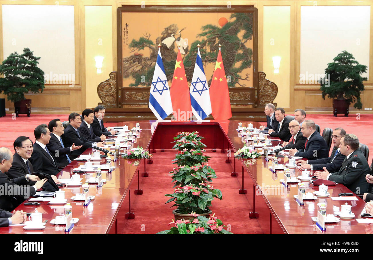 Beijing, China. 20th Mar, 2017. Chinese Premier Li Keqiang (4th L) holds talks with Israeli Prime Minister Benjamin Netanyahu (3rd R) in Beijing, capital of China, March 20, 2017. Credit: Pang Xinglei/Xinhua/Alamy Live News Stock Photo