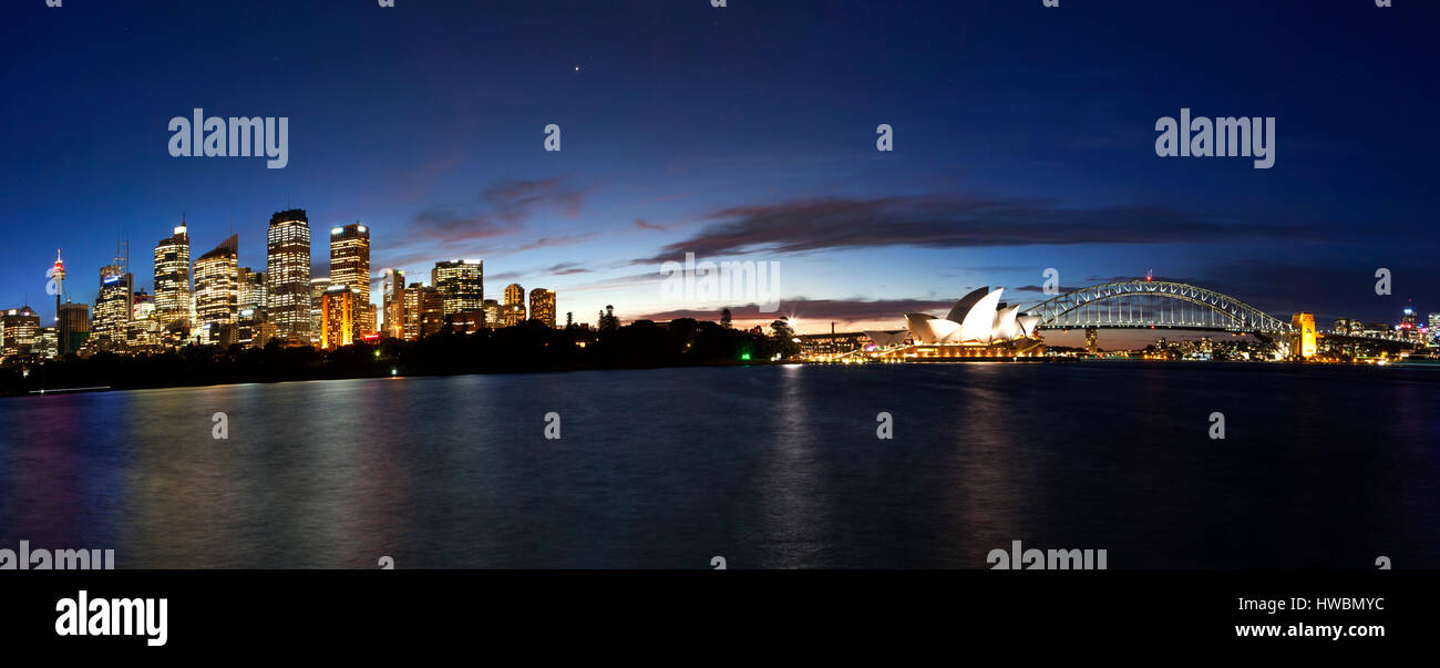 Sydney Opera House and Harbour Bridge at Dusk, Sydney, Australia Stock Photo