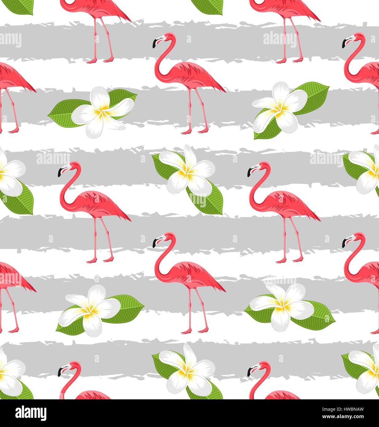Seamless Pattern with Plumeria Flowers and Pink Flamingo Birds Stock ...