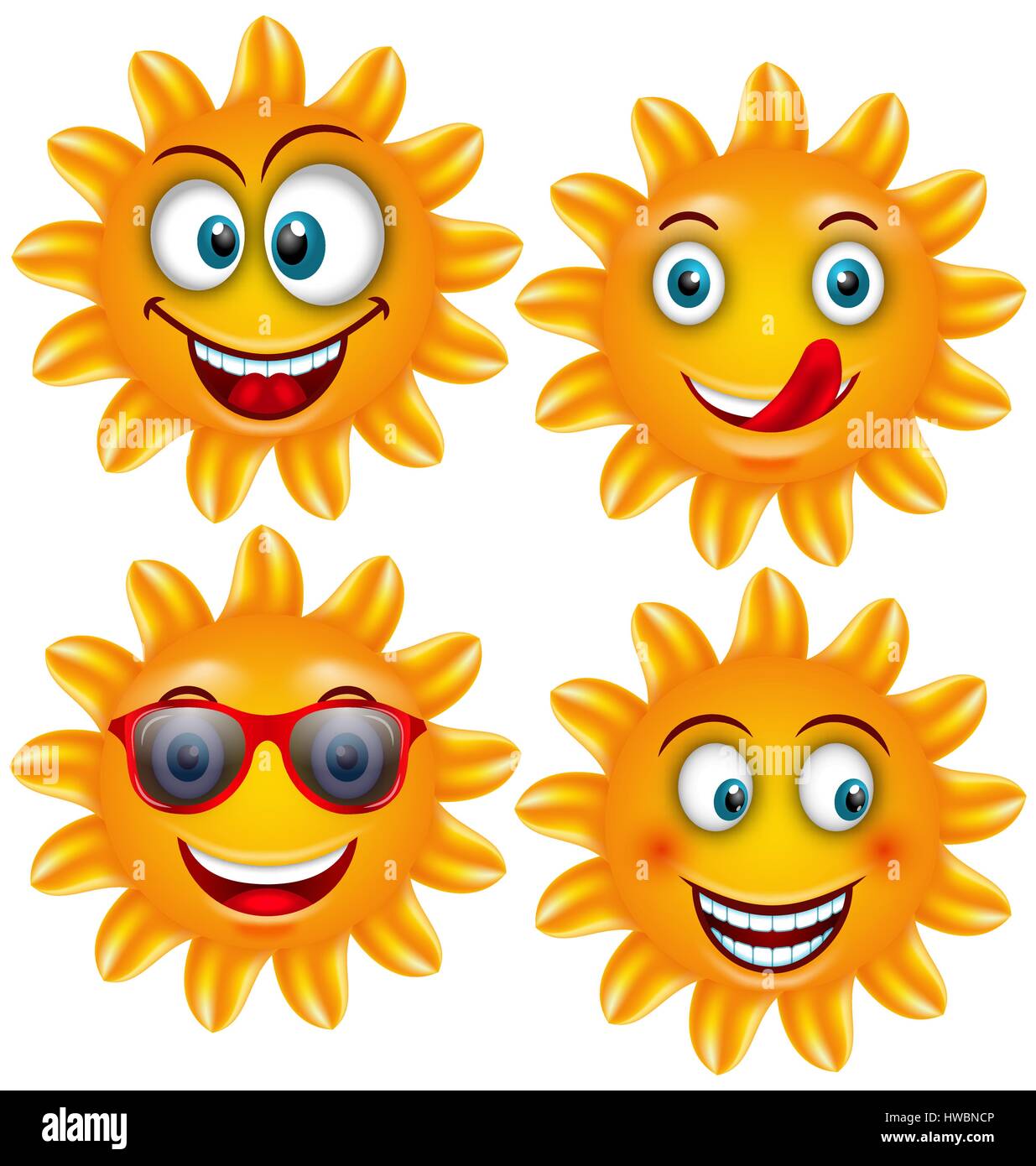 Set Smiling Sun Cartoon Characters Stock Vector