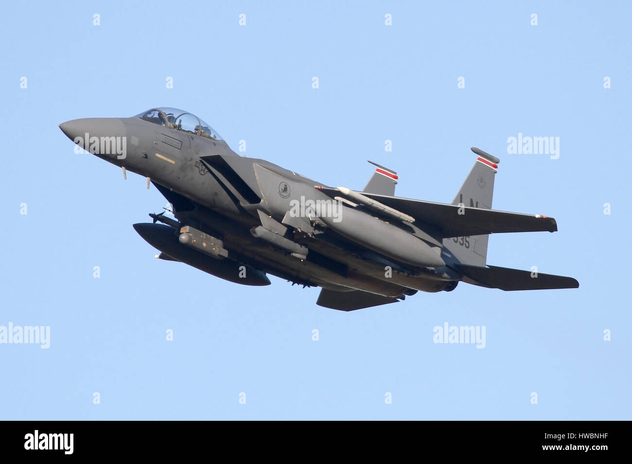 F-15E overshooting the runway at RAF Lakenheath and climbing back into the circuit. Stock Photo