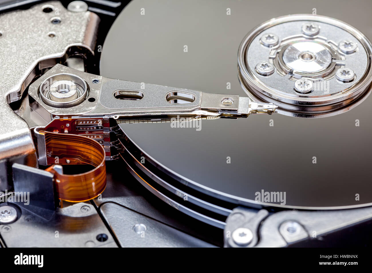 read arm of a hard disk drive with an electric motor Stock Photo