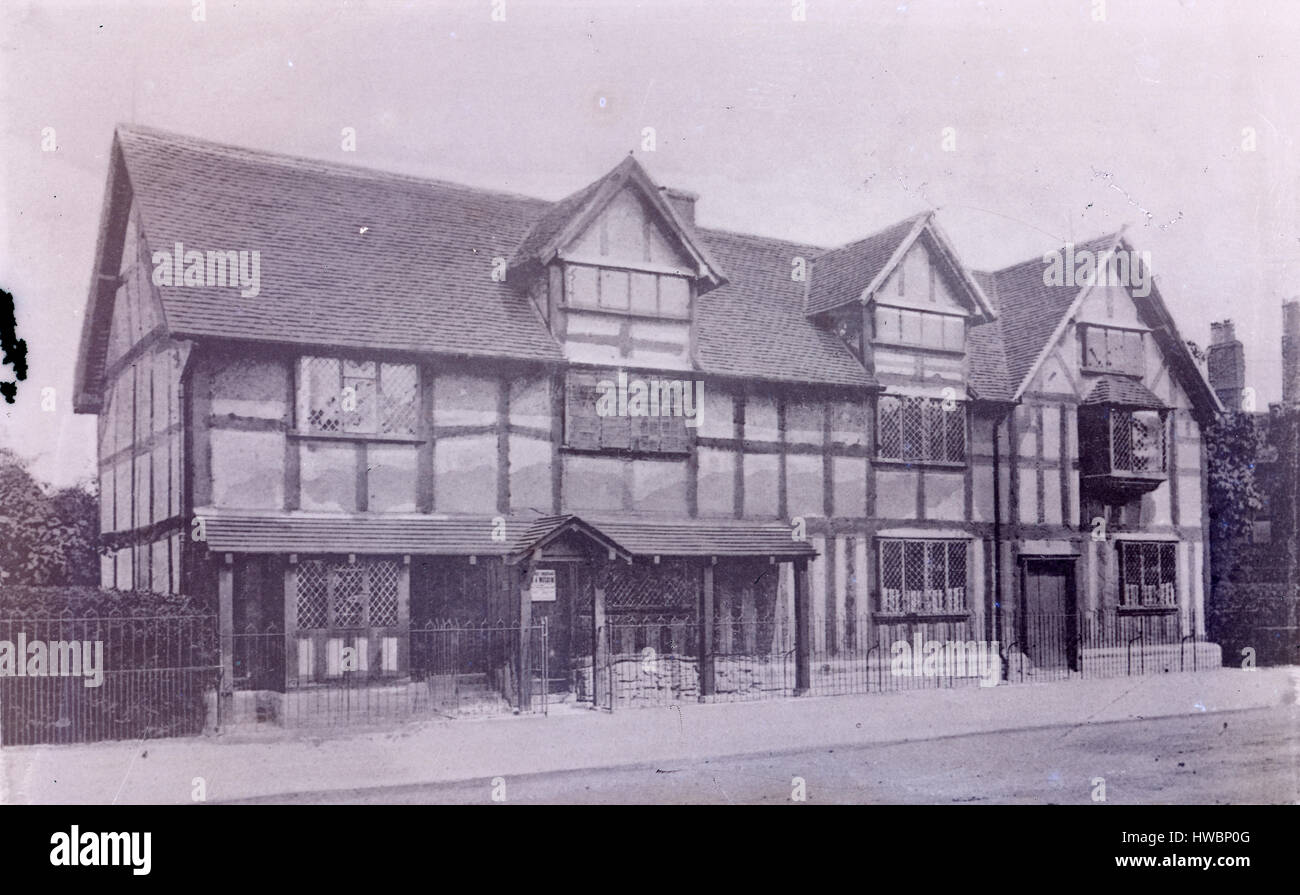 Antique c1880 photograph (with some painterly retouching), Shakespeare's House. Shakespeare's Birthplace is a restored 16th-century half-timbered house situated in Henley Street, Stratford-upon-Avon, Warwickshire, England, where it is believed that William Shakespeare was born in 1564 and spent his childhood years. SOURCE: LATER GENERATION GLASS NEGATIVE. Stock Photo