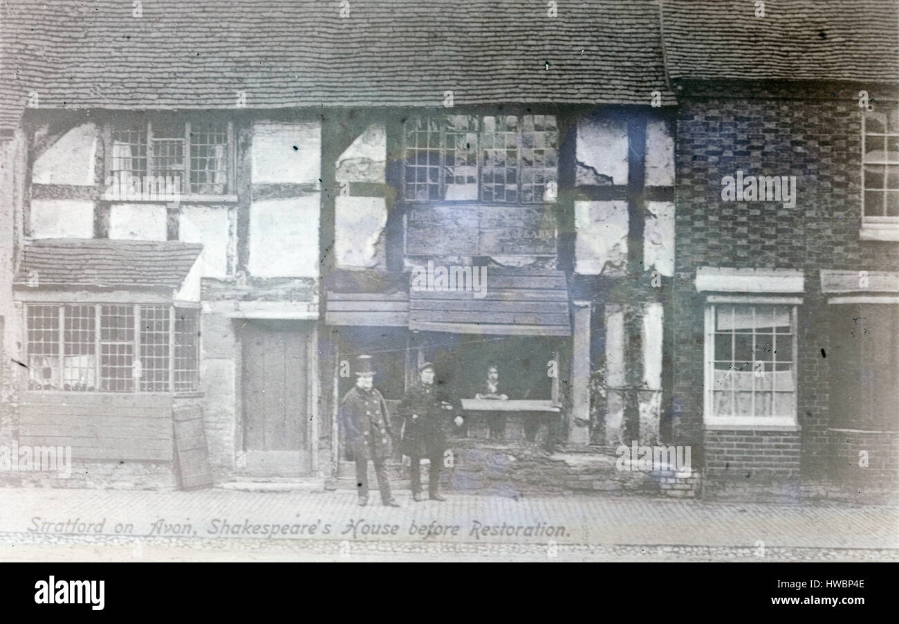 Antique c1860 photograph, Shakespeare's House Before Restoration, Stratford-upon-Avon, England. Shakespeare's Birthplace is a restored 16th-century half-timbered house situated in Henley Street, Stratford-upon-Avon, Warwickshire, England, where it is believed that William Shakespeare was born in 1564 and spent his childhood years. A reconstruction carried out by the Shakespeare Birthplace Trust between 1857 and 1864 has restored the outside of the building to its 16th century state. SOURCE: LATER GENERATION GLASS NEGATIVE. Stock Photo