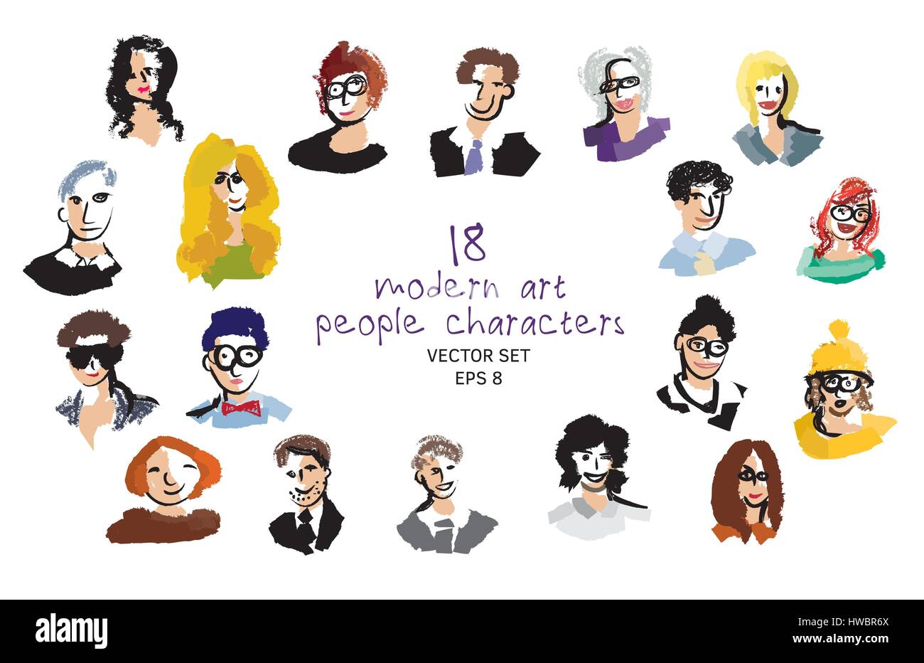 Set modern art people faces icon character. Stock Vector