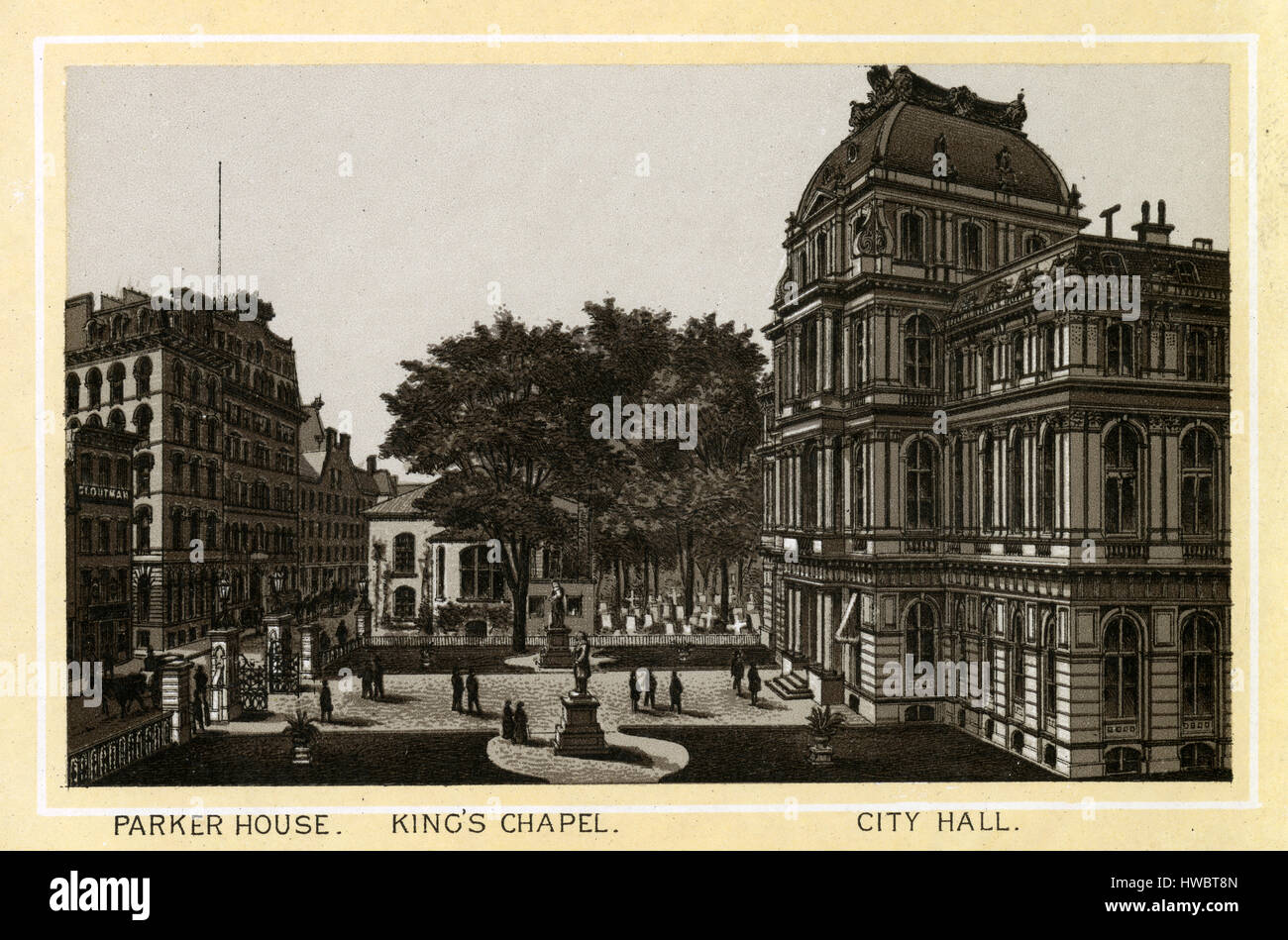 Antique 1883 monochromatic print from a souvenir album, showing the Parker House Hotel (now Omni Parker House). King's Chapel, and Boston's Old City Hall. Printed by the Glaser/Frey lithographic process, a multi-stone lithographic process developed in Germany. Stock Photo