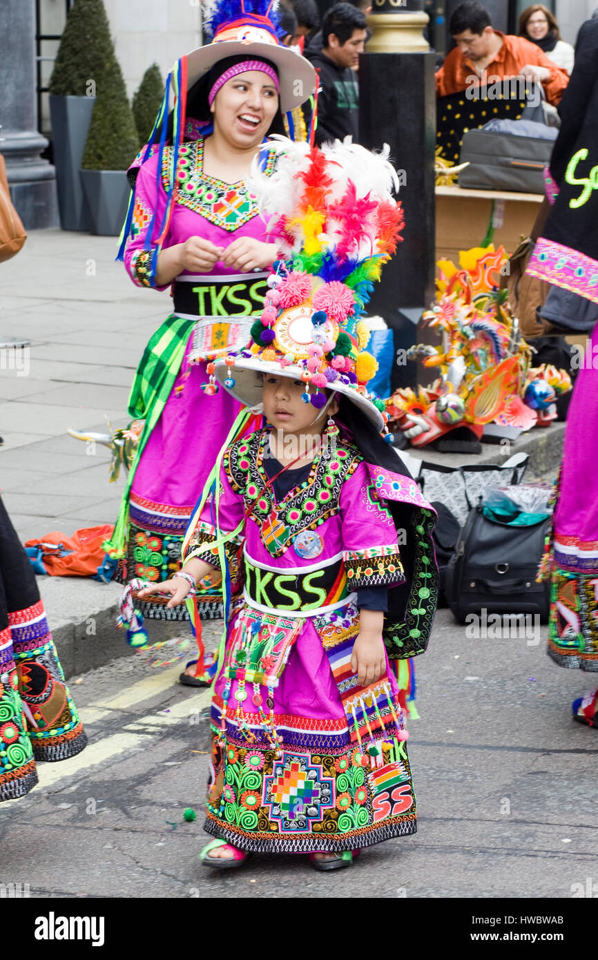 Bolivian child wearing traditional Bolivian dress for the St Patricks day parade London Stock Photo